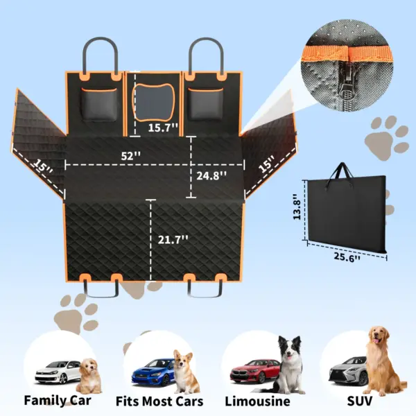 Dog Car Seat Cover for Back Seat with Detachable Hard Bottom, Holds 400lbs, Back Seat Extender for Dog with Mesh Windor and Storage Pocket, Fit for Car, SUV, Truck, Orange - Image 7