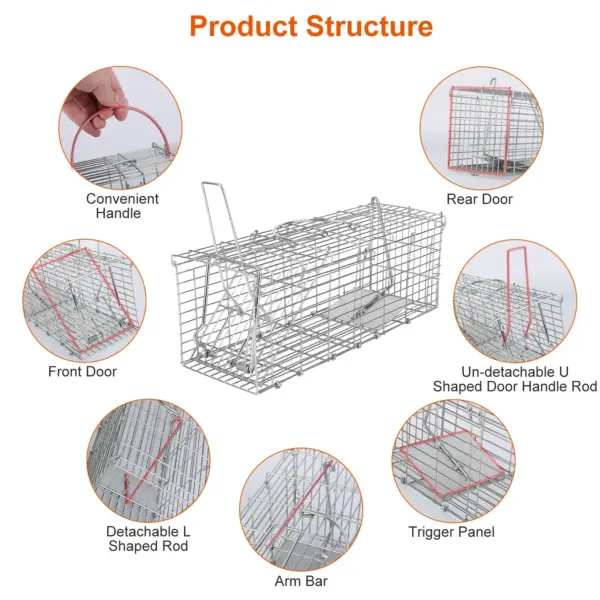 Foldable Rat Trap Cage Humane Live Rodent Trap Cage Galvanized Iron Mice Mouse Control Bait Catch with Detachable L Shaped Rod - Image 6