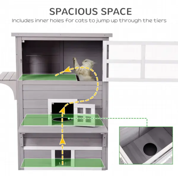 PawHut 3-Story Cat House Feral Cat Shelter, Outdoor Kitten Condo with Raised Floor, Asphalt Roof, Escape Doors, Jumping Platforms, Grey - Image 2