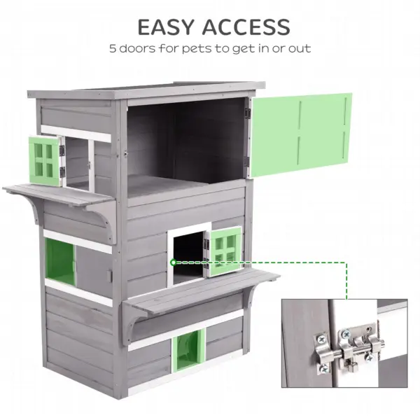 PawHut 3-Story Cat House Feral Cat Shelter, Outdoor Kitten Condo with Raised Floor, Asphalt Roof, Escape Doors, Jumping Platforms, Grey - Image 3