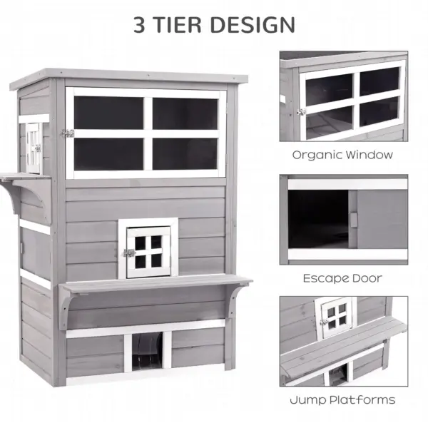 PawHut 3-Story Cat House Feral Cat Shelter, Outdoor Kitten Condo with Raised Floor, Asphalt Roof, Escape Doors, Jumping Platforms, Grey - Image 6