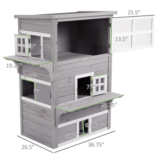 PawHut 3-Story Cat House Feral Cat Shelter, Outdoor Kitten Condo with Raised Floor, Asphalt Roof, Escape Doors, Jumping Platforms, Grey - Image 7