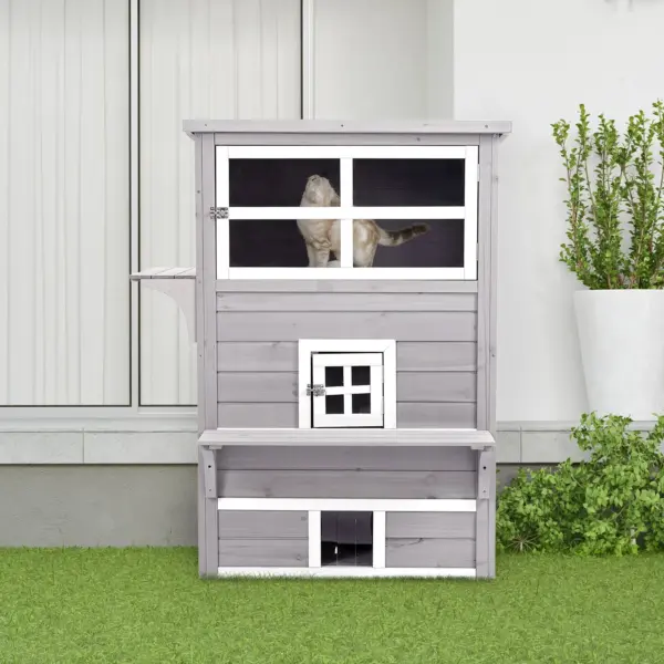 PawHut 3-Story Cat House Feral Cat Shelter, Outdoor Kitten Condo with Raised Floor, Asphalt Roof, Escape Doors, Jumping Platforms, Grey - Image 8