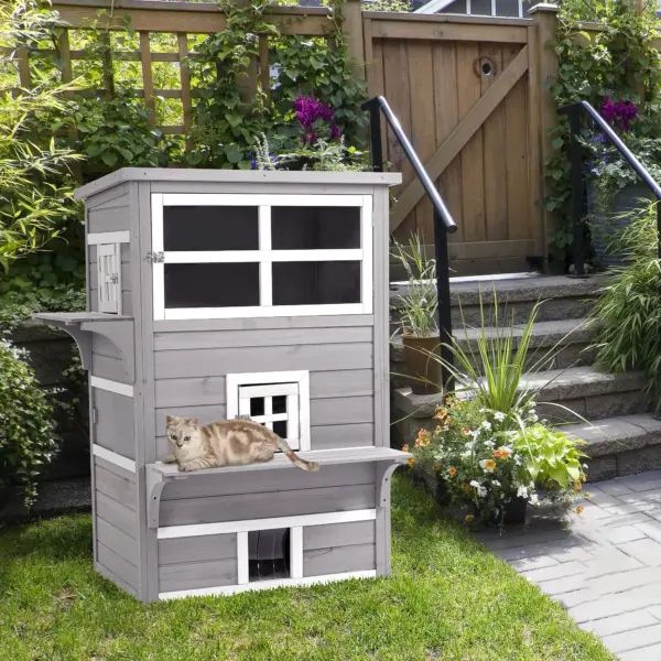 PawHut 3-Story Cat House Feral Cat Shelter, Outdoor Kitten Condo with Raised Floor, Asphalt Roof, Escape Doors, Jumping Platforms, Grey - Image 9