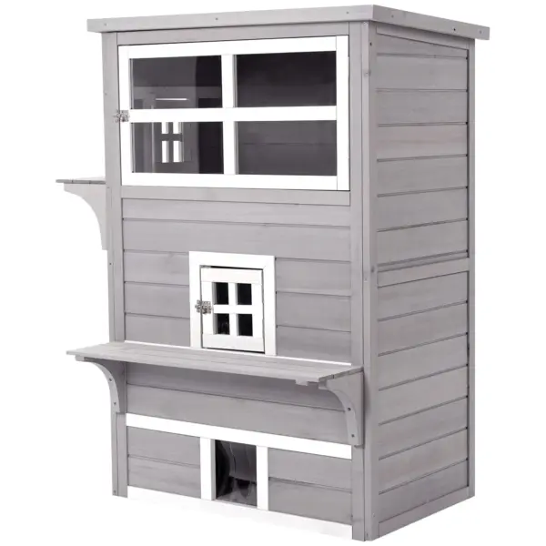 PawHut 3-Story Cat House Feral Cat Shelter, Outdoor Kitten Condo with Raised Floor, Asphalt Roof, Escape Doors, Jumping Platforms, Grey - Image 10