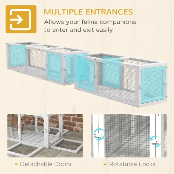PawHut Cat Tunnel Outdoor, Wooden Cat Tube with Combinable Design, 8 Doors, 98" Cat Toys for Kitty, Puppy, Pet, House, Window, Cage, White - Image 3