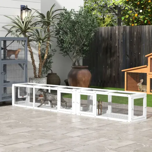 PawHut Cat Tunnel Outdoor, Wooden Cat Tube with Combinable Design, 8 Doors, 98" Cat Toys for Kitty, Puppy, Pet, House, Window, Cage, White - Image 9